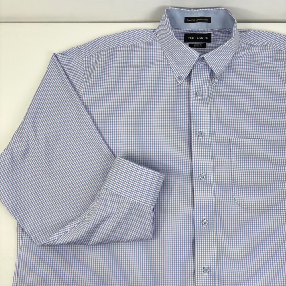 Paul Fredrick Mens Classic Fit Non-Iron Stretch Check Shirt Blue Purple 17.5x35